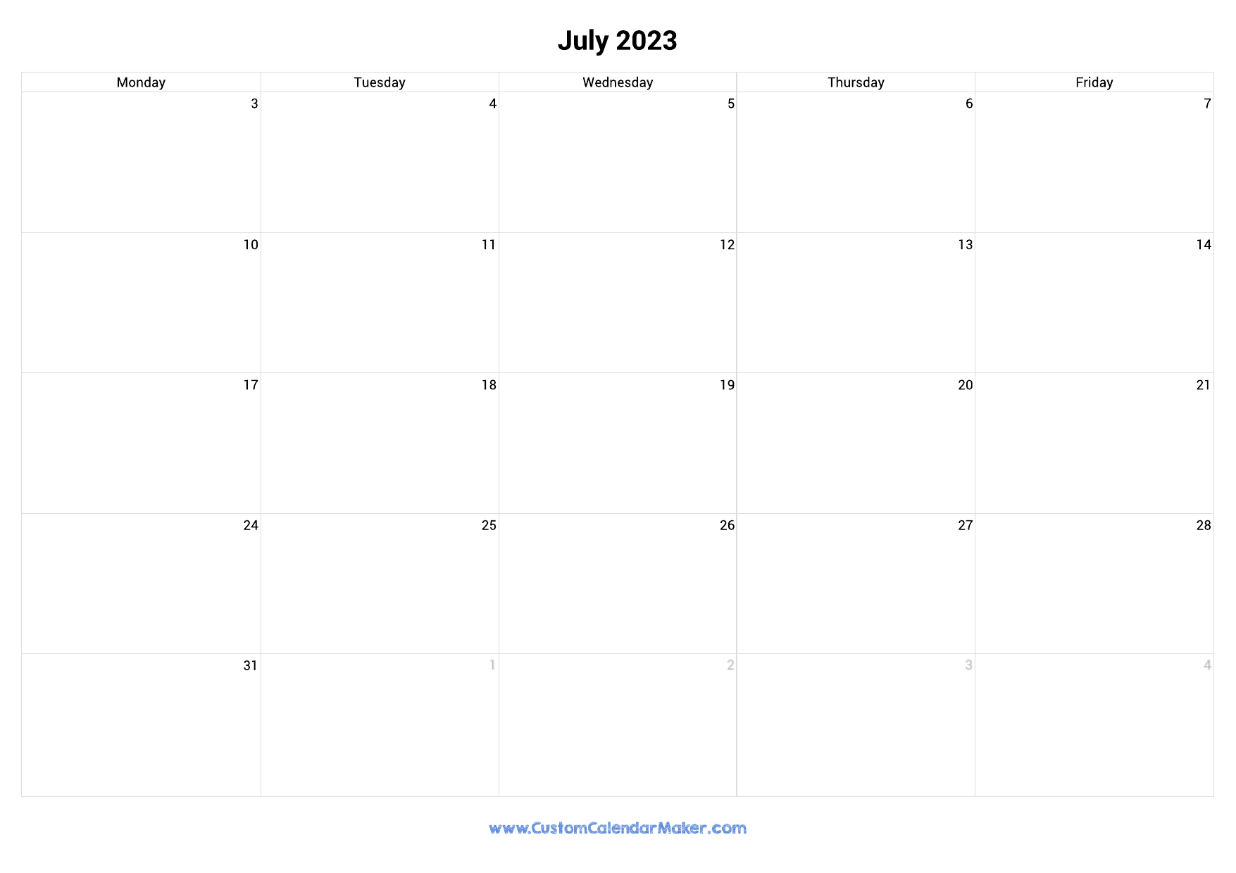 july calendar with monday through friday only 29